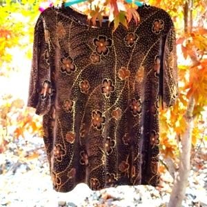 Vintage Impressions Floral Print Women's Blouse Brown/Gold Size 1X
